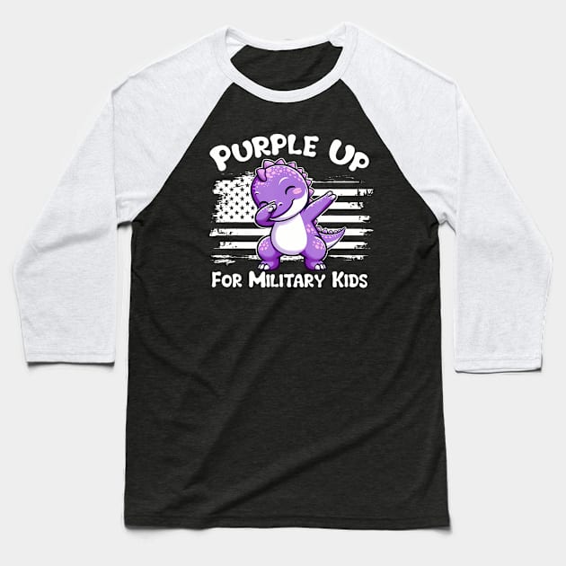 Dabbing Dinosaur Purple Up For Military Kids Military Child Baseball T-Shirt by Stewart Cowboy Prints